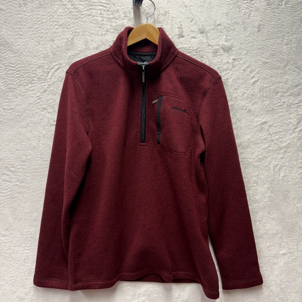 Eddie Bauer Quarter Zip Pullover Mens Medium Maroon Cozy Fleece Lined Mock Neck